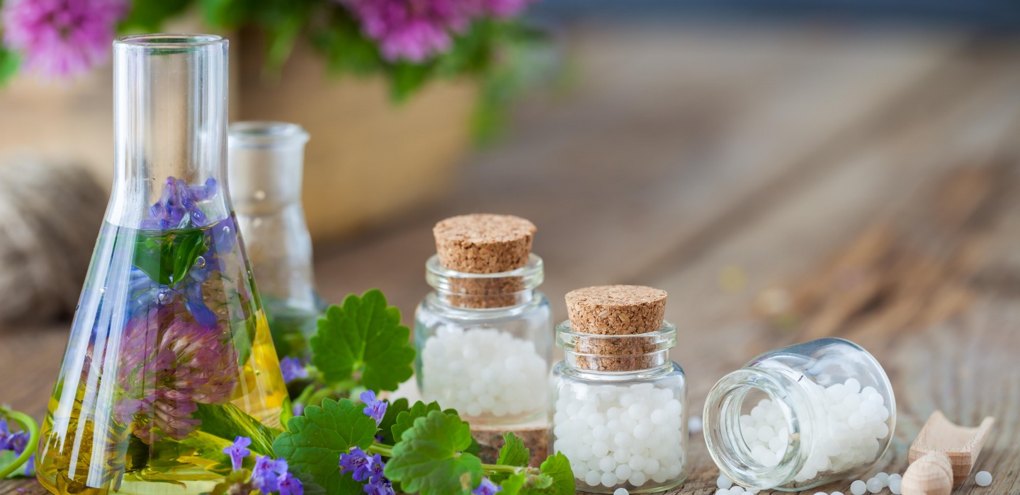 Jars containing homeopathic medicines to treat a range of homeopathy conditions