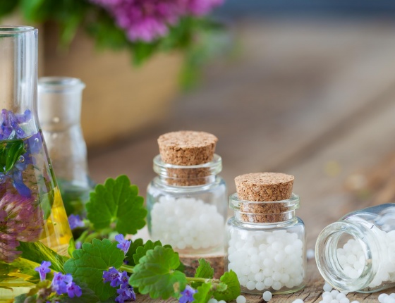 Jars containing homeopathic medicines to treat a range of homeopathy conditions